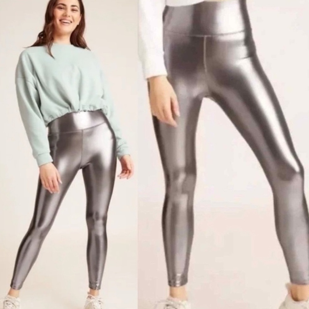 Metallic Silver High-Waisted Leggings
